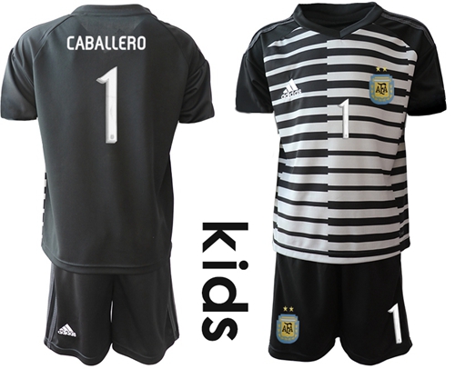 Argentina #1 Caballero Black Goalkeeper Kid Soccer Country Jersey